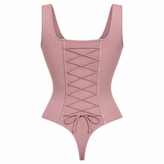 Pink detail view - lace-up back and thong cut